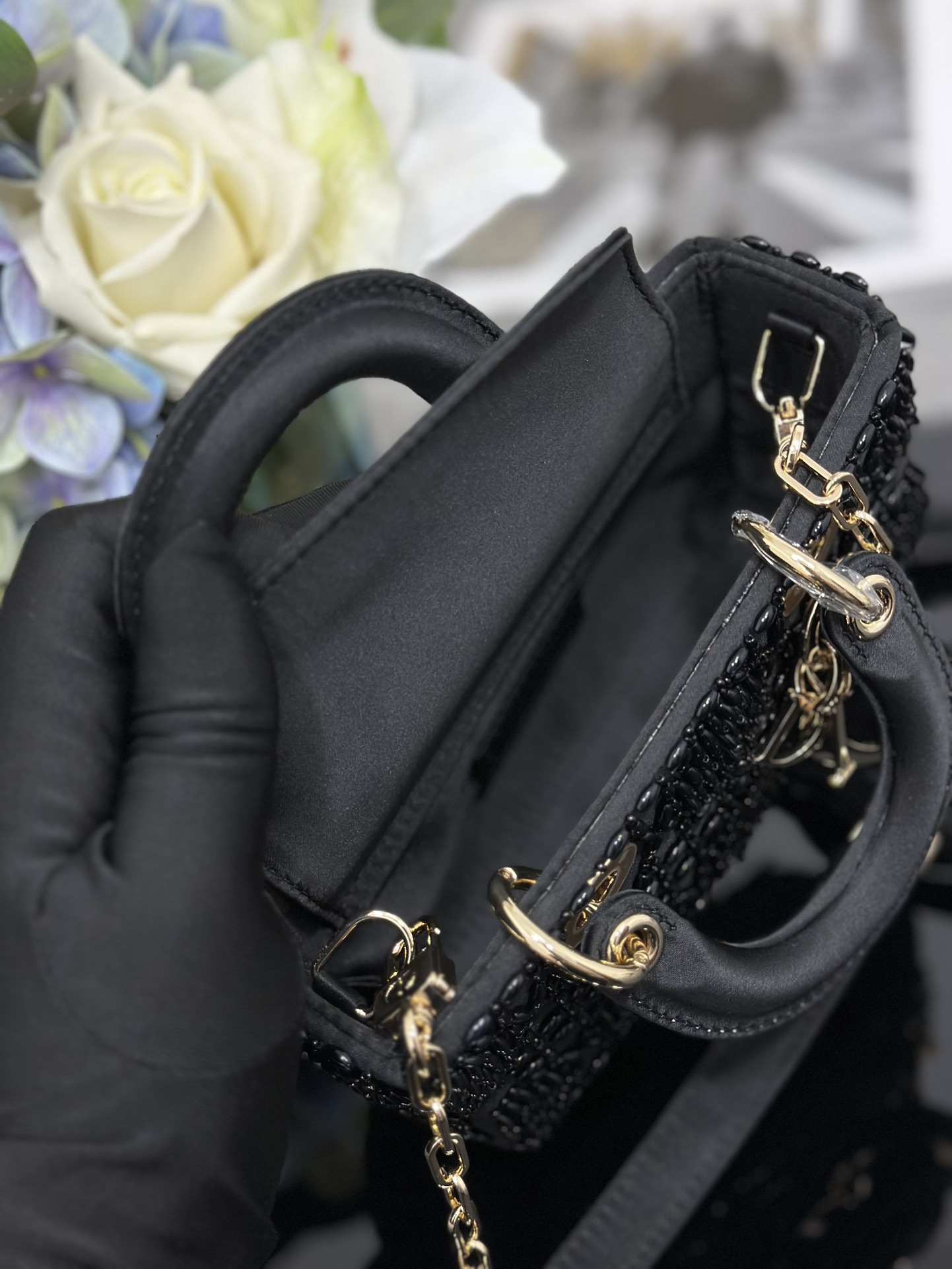 Micro Lady D-Joy Bag Black Satin Embroidered with Black Bead